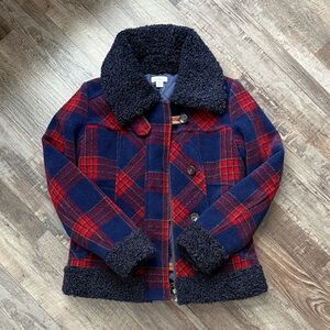 Sundance Red and Blue Plaid Pea Coat with Sherpa Trim